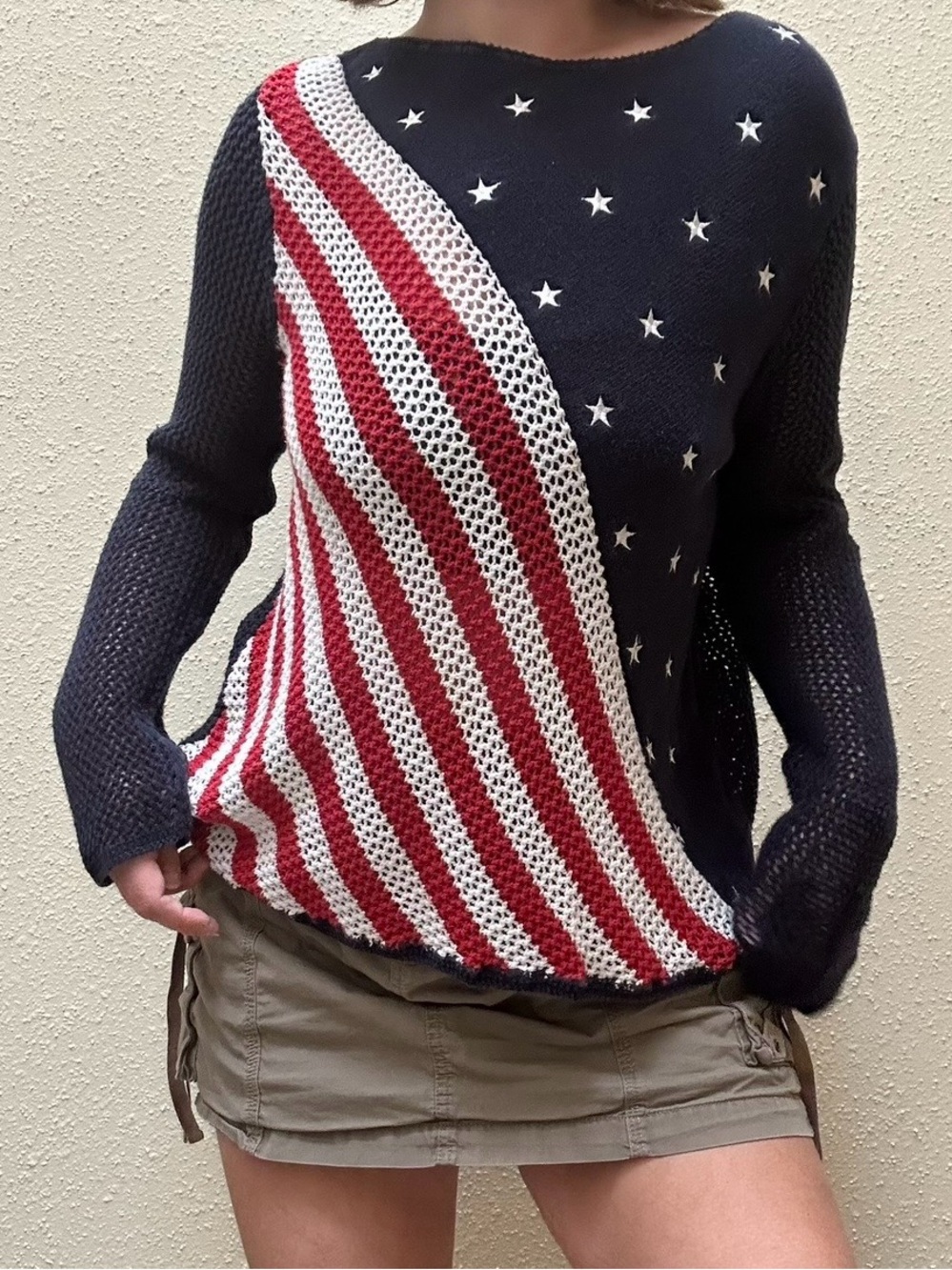 Vintage Cotton Ramie Open Knit American Flag Sweater Fits M/L  Americana USA